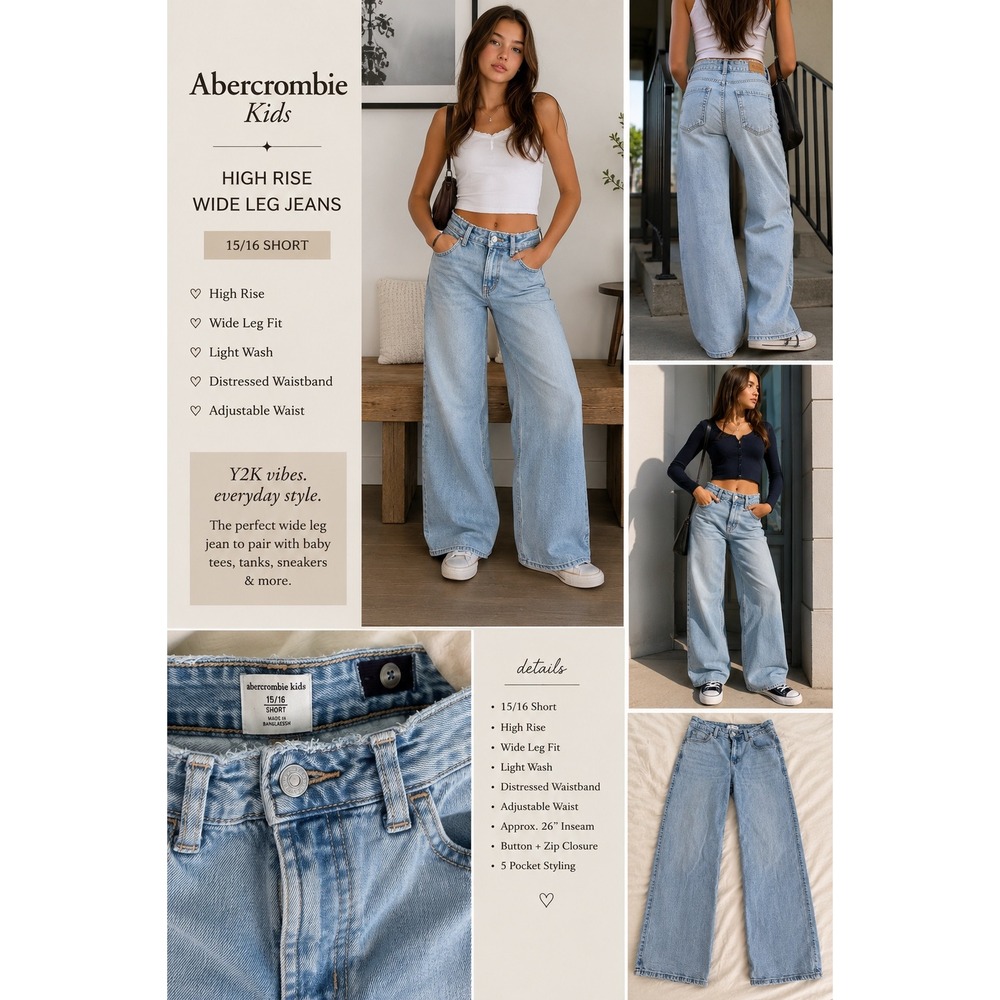 Abercrombie Kids 15/16 Short High Rise Wide Leg Jeans Light Wash Y2K Baggy